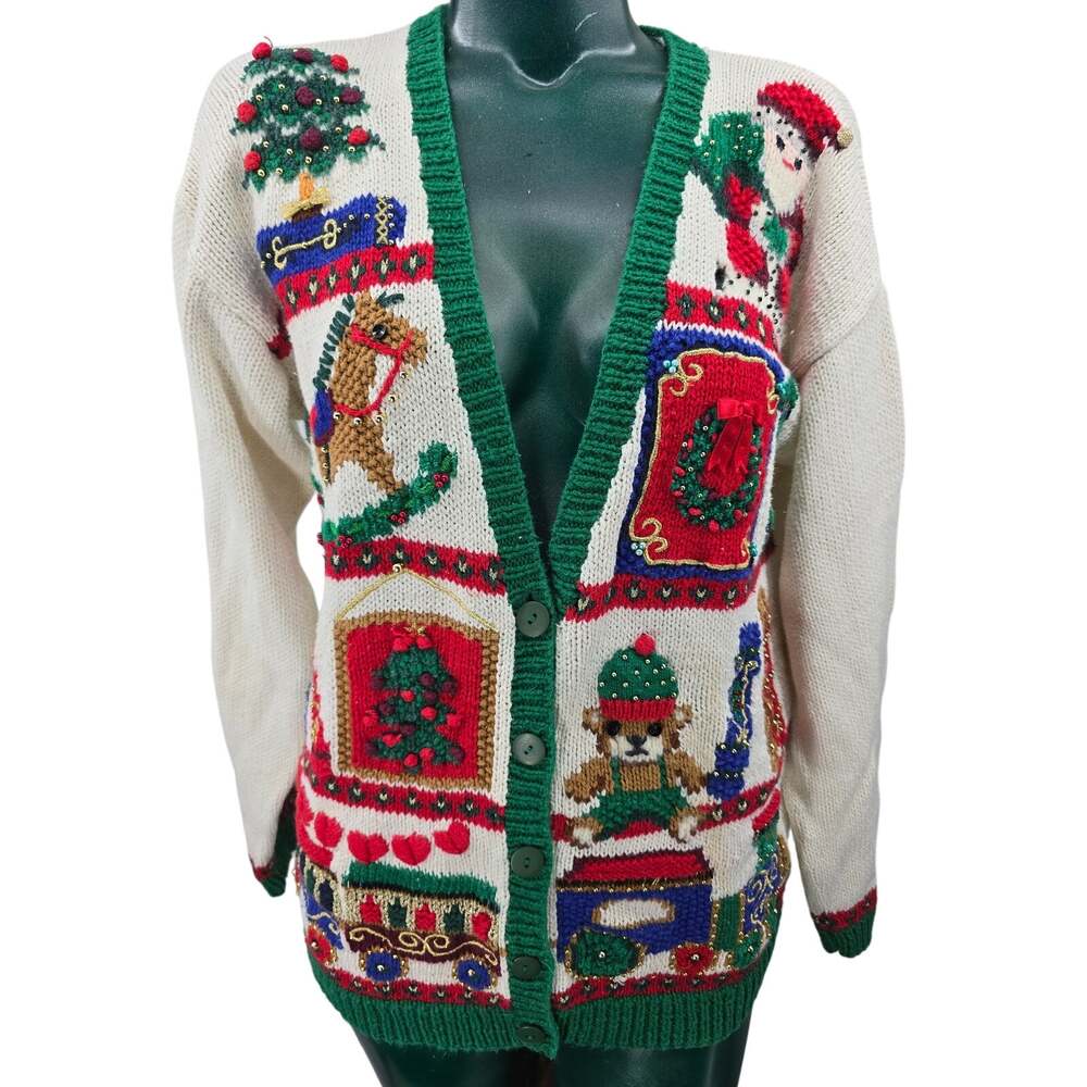 Vintage 90s Marisa Christina Christmas Cardigan Ugly Sweater M Grannycore Cottag